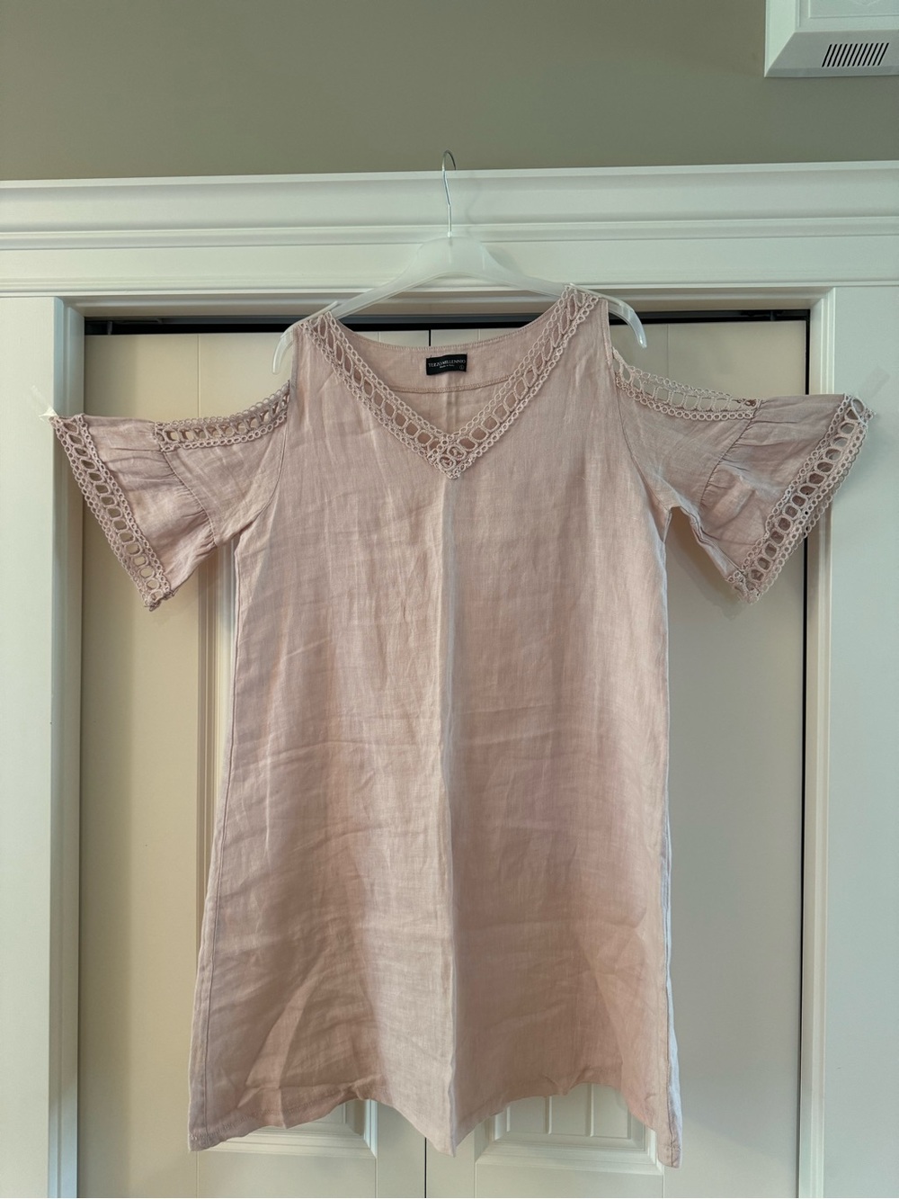 100%Linen❤️Cold-Shoulder Lace-Trim Women's Dress in Blush Pink PTP21 L38